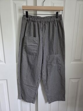 Mordenmiss Gray Striped Linen Cotton Blend Harem Pants Artsy Lagenlook, Large